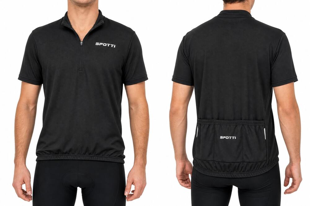 SPOTTI Men's Black Cycling Jersey 1/4 Zip Rear Pockets L Road Reflective Active